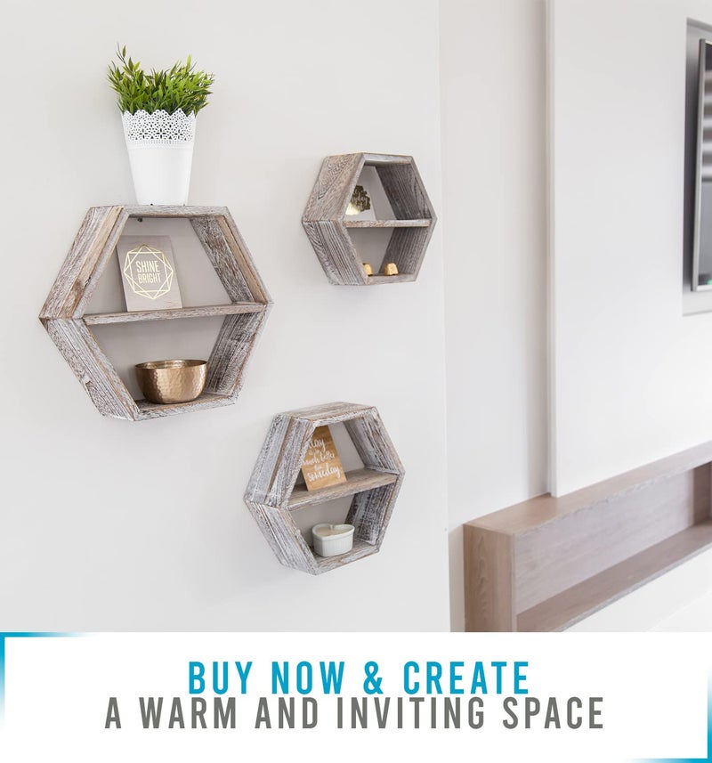 Comfify Rustic Wall Mounted Hexagonal Floating Shelves â€“ Set of 3 Honeycomb Shelves - Farmhouse Decor â€“ Honeycomb Wall Decor - Rustic White - Image 4